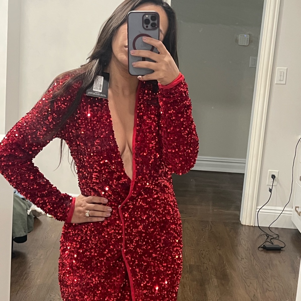 PrettyLittleThing Red Sequin Long Sleeve Dress